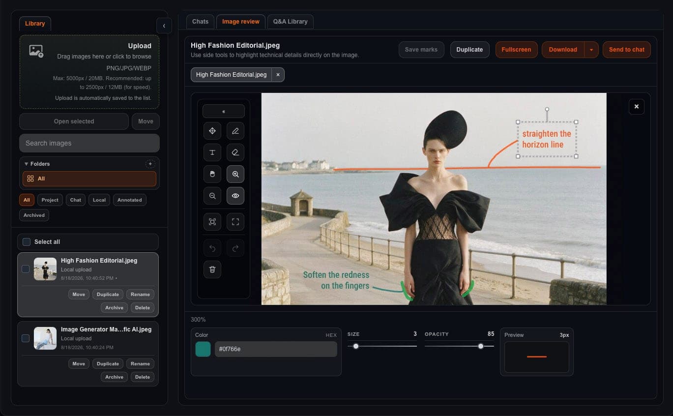 Retouch Tutor’s Image Review: technical markups over a fashion editorial, pointing out the horizon-line adjustment and the softening of the reddish fingers.