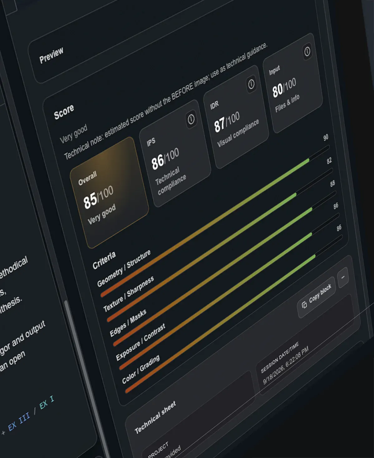 Retouch Tutor interface with RTQI 78/100 and a reading by technical judgment